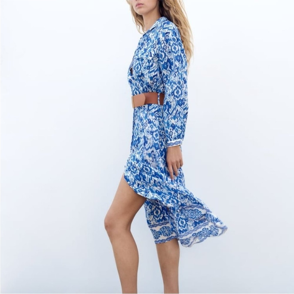 Zara Blue White Ikat Print Cover Up Midi Shirt Dress XS